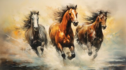 Wall Mural - Modern painting with horses in colorful abstract style. Artistic expression of equine beauty and motion.
