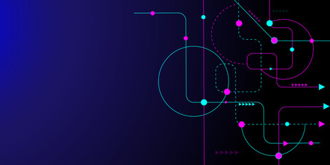 Abstract geometric with rectangular and connecting dots and lines. Global network connection and digital communication technology background. Big data visualization.