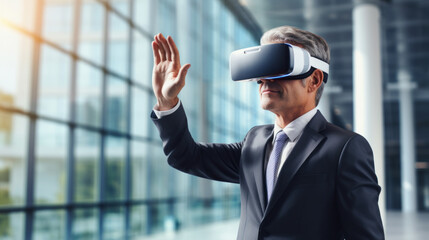 Excited office worker in vr headset or virtual reality goggles gesturing with hands, using innovative technologies for business at work