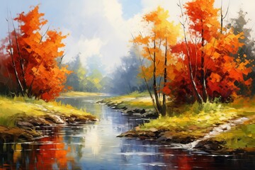  Oil painting landscape of a serene autumn forest near the river with orange leaves and reflections