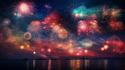 A celebratory fireworks display lighting up the night sky in vibrant colors