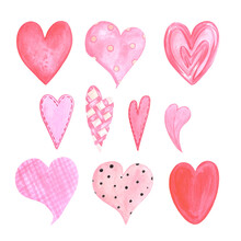 Hand Drawn Watercolor Pink And Red Hearts Isolated On White Background. Can Be Used For Cards, Album, Poster And Other Printed Products.