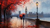 Fototapeta  - Oil painting of a london street scene with big ben, a couple under a red umbrella, a tree, a bridge, and a river