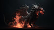 Fictional mythical evil creature firebreathing chimera surrounded by fire with black background