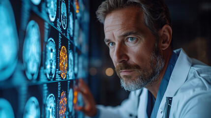 A cinematic shot of a handsome doctor in a modern clinic, examining medical imagery on a digital screen with a focused expression, symbolizing the precision and expertise in his di