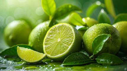 Fresh lime on wooden background. selective focus. Generative AI,