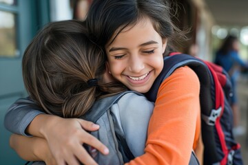 Wall Mural - Kids hugging their mom before heading off to their first day of school. 