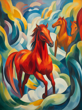 If Franz Marc Was A Photographer, A Painting Of Horses In A Colorful Landscape