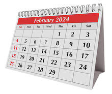 February 2024 Calendar. Page Of The Annual Business Desk Month Calendar Isolated On Transparent Png Background