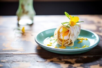 Wall Mural - messy burrito with dripping egg yolk, rustic table