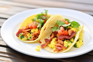 Wall Mural - freshly made tacos with scrambled eggs and bacon on a white plate