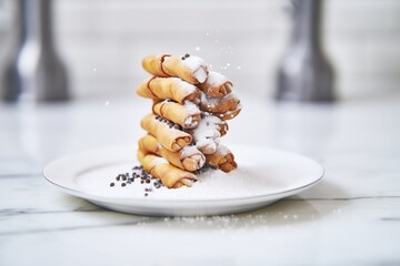 Poster - stack of cannoli on white marble, powdered sugar dusting