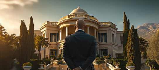 Aufkleber - Bald muscular man in suit in front of beautiful big villa. Generative AI.