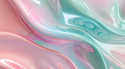 Poster - The close up of a glossy liquid surface abstract in blush pink, powder blue, and mint green colors in pastel style with a soft focus. 