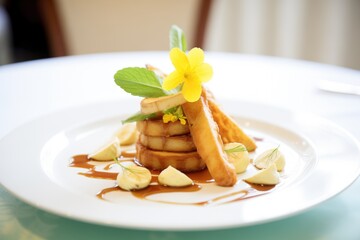 Wall Mural - french toast with banana slices and caramel sauce