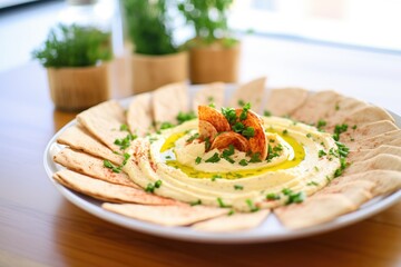 Wall Mural - hummus swirl on a plate with pita slices fanned out
