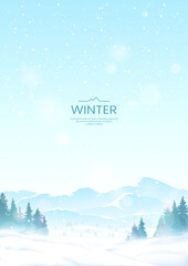 Wall Mural - fir trees in snowdrifts. mountains in the background. clear blue sky, snowfall. vector illustration.
