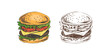 Hand-drawn colored and monochrome sketches of great delicious sandwiches, burgers, hamburgers isolated on white background. Fast food vintage illustration. Great for menu, poster or restaurant.
