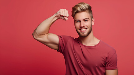 Young strong sporty toned sportsman man isolated on plain red background. Workout sport fit body concept