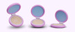 Round pocket mirror. Women accessory. Set of pink open powder boxes, view from different angles. Isolated realistic illustrations with shadows. Mockups for advertising cosmetics