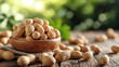 Peanuts without shell on a wooden table on the natural background of a peanuts garden, Healthy natural foods. Generative AI.