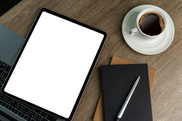 Poster - a businessman holds a mockup. ipad digital tablet with blank screen mockup replaces your design mock