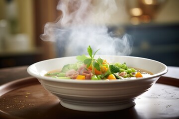 Wall Mural - minestrone in deep plate, steam ascending