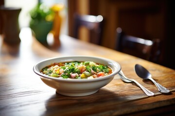 Wall Mural - bowl of minestrone with spoon on wooden table