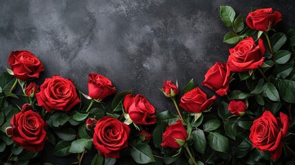 Poster - Valentines day border with red roses on black background with copy space, View from above. Generative AI.
