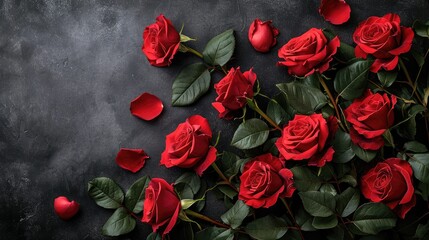 Poster - Valentines day border with red roses on black background with copy space, View from above. Generative AI.