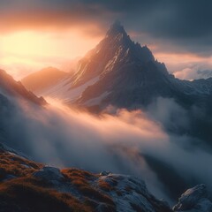 Wall Mural - Sunrise at misty mountain. Generative AI.