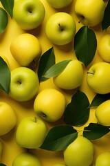 Apple fruits flat lay background. Fresh yellow apples from the market. Tasty and juicy. Summer freshness fruits. Healthy eating, raw food, vegan vitamins food concept