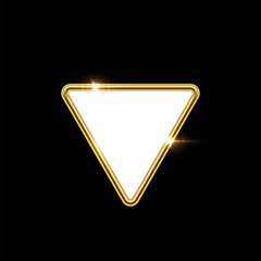 Fototapete - 3d plate button of triangle shape with golden frame vector illustration. Realistic isolated website element, golden glossy label for game UI, badge of navigation menu with shiny light effect border