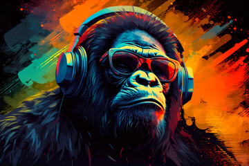 Generative Ai illustration of a portrait of a party monkey ape with headphones on a colorful abstract background