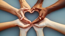 Very Big Copy Space, Symbolic Representation Of Unity And Diversity, It Shows The Hands Of Several Individuals Forming A Heart Shape Against A Plain. Generative AI.
