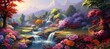 © Volodymyr - Picturesque summer landscape with waterfalls on the river, flowers on the river bank against the background of remote mountains, paradise