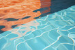 Sunlit pool water with glimmering reflections, revealing serene depths and shimmering ripples. Clear view of the pool's bottom through sparkling surface