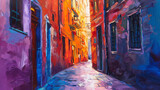 Fototapeta Uliczki - Painting of narrow alleyway in old town