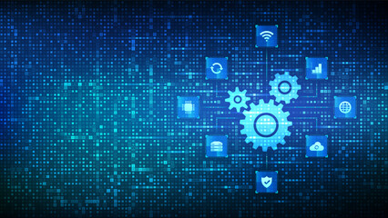 Poster - Automation Software. Gears icon made with binary code. IOT and Automation icons connections. Digital binary data and streaming digital code. Matrix background with digits 1.0. Vector Illustration.