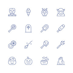 Halloween line icon set on transparent background with editable stroke. Containing skull, halloween candy, halloween, candies, yeti, finger, trident, dead, ice cream, tombstone, magic broom.