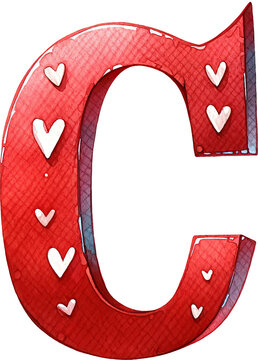  Valentine red letter C initial watercolor illustration with hearts decoration romantic alphabet design element for wedding invitation card