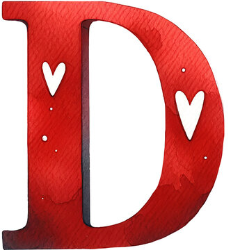  Valentine red letter D initial watercolor illustration with hearts decoration romantic alphabet design element for wedding invitation card