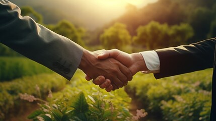 Aufkleber - The handshake of two successful businessmen against the background of nature. Business meetings and negotiations, partnerships, agriculture concepts.