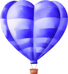 Wall Mural - Watercolor blue purple heart hot air balloon clipart for romantic fly air transport illustration art