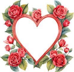 Wall Mural - Watercolor vintage red heart-shaped frame with rose flowers and leaves clipart for card background design