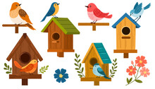 Bird Houses Set Vector Illustration. Birdhouse With A Bird, Homemade Nests, Feeders And Homes, For Summer And Spring Birds. Cartoon Cute Colorful Birdhouses Collection, Feeder On Garden Tree