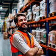 Happy warehouse worker in safety vest, representing logistics and efficient storage. Shallow field of view.
