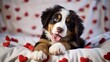 A charming fluffy Bernese Mountain Dog puppy lies on white sofa among little red hearts and smiles. Valentines Day greeting card with a pet.