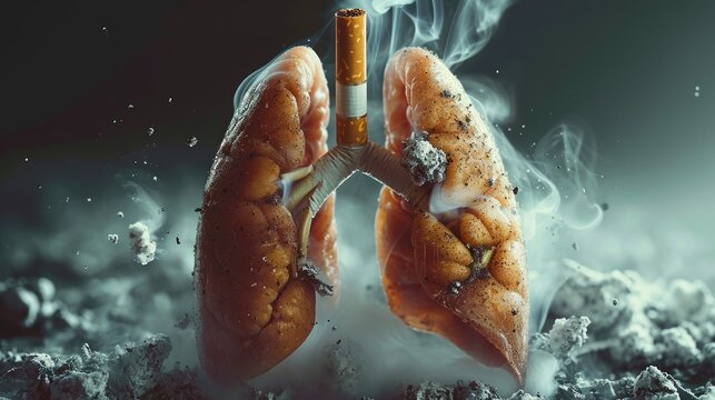 aftermath of smoking – ruined lungs struggle for breath, trapped in the destructive embrace of cigar