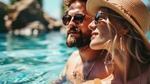 Young Couple Wearing Sunglasses, Having Fun And Relaxing In Resort Swimming Pool Or Sea. Summer Holiday And Vacations Concept